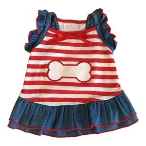 SimplyDog Striped Denim Dog Dress Red White Size S